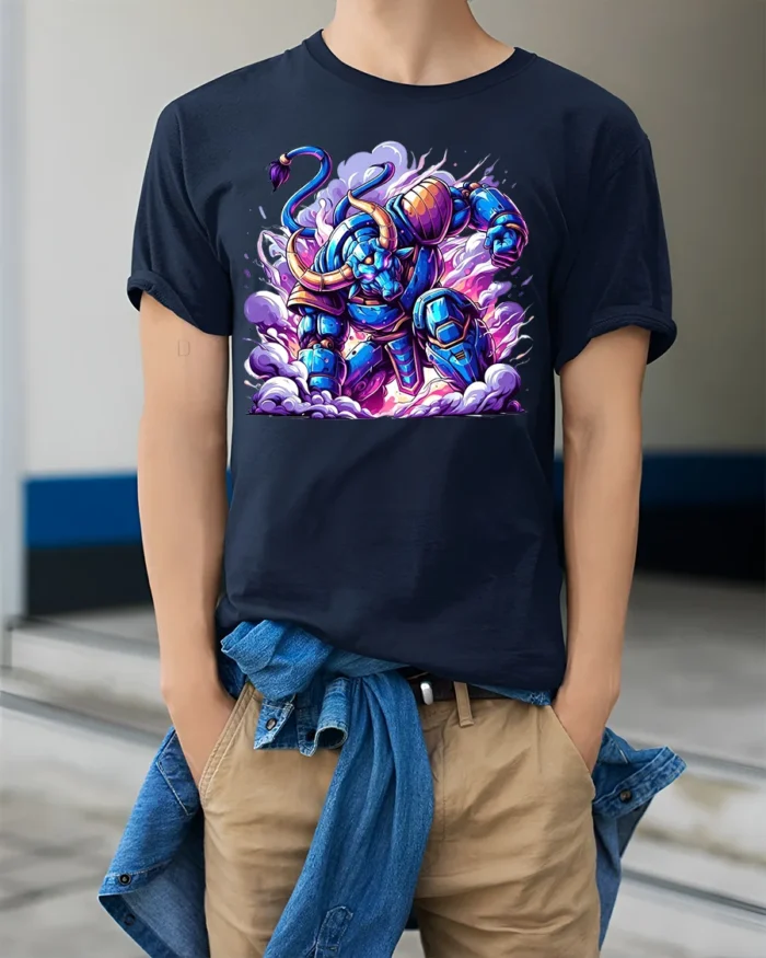 Epic Robotic Minotaur Tee Vibrant Sci-Fi Cotton Shirt - model wearing navy shirt, hands in pockets