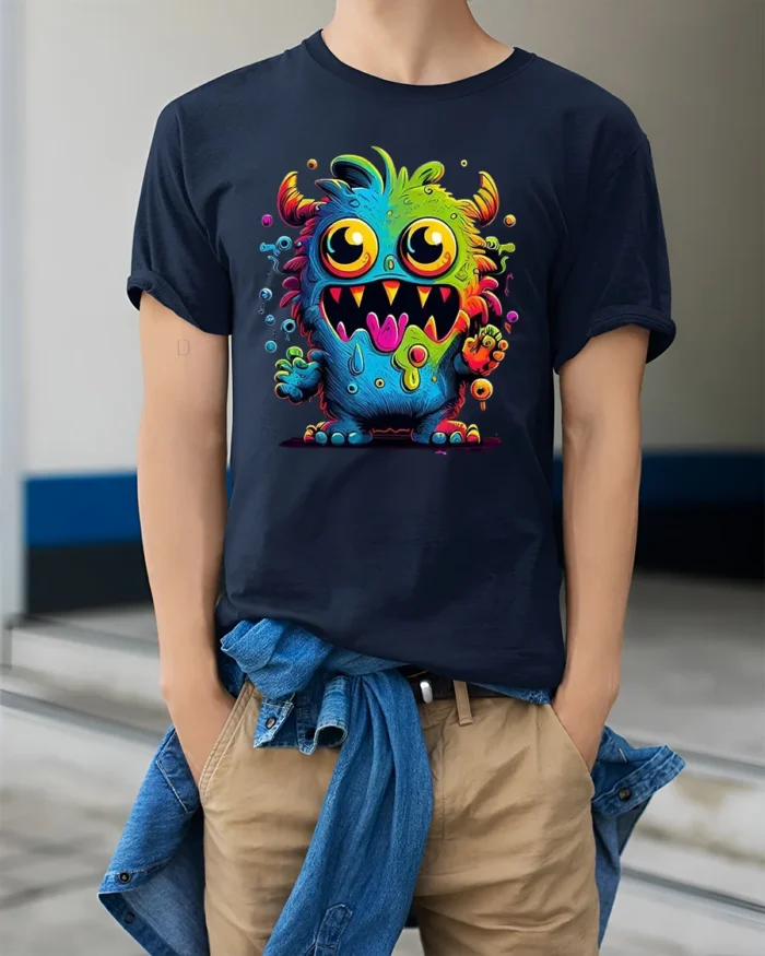 Cute Monster Face Tee Funny Colorful Alien Graphic T-Shirt - model wearing navy shirt, hands in pockets