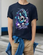 Epic Gothic Dragon T-Shirt Skulls Serpent Design Tee - model wearing navy shirt, hands in pockets