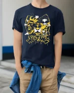 Wu-Twg Inspired T-Shirt Cool Bees and Boombox Graphic Tee - model wearing navy shirt, hands in pockets