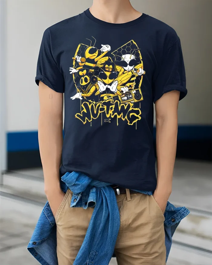 Wu-Twg Inspired T-Shirt Cool Bees and Boombox Graphic Tee - model wearing navy shirt, hands in pockets