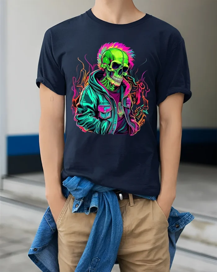 Psychedelic Skull in Jacket Tee  Bold Urban Style T-Shirt - model wearing navy shirt, hands in pockets