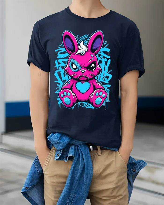 Edgy Pink Rabbit Tee with Heart and Graffiti Style Print - model wearing navy shirt, hands in pockets