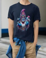 Trippy Wizard Graphic T-Shirt One Eyed Mage Streetwear - model wearing navy shirt, hands in pockets