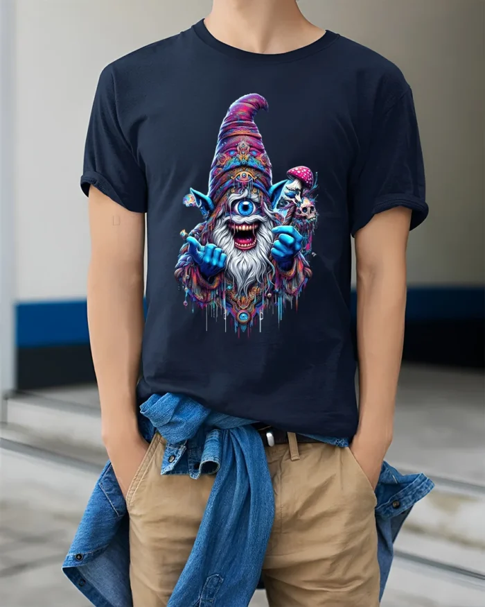 Trippy Wizard Graphic T-Shirt One Eyed Mage Streetwear - model wearing navy shirt, hands in pockets