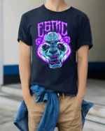 Neon Cyber Panda T-Shirt Glowing Brain Graphic Tee - model wearing navy shirt, hands in pockets