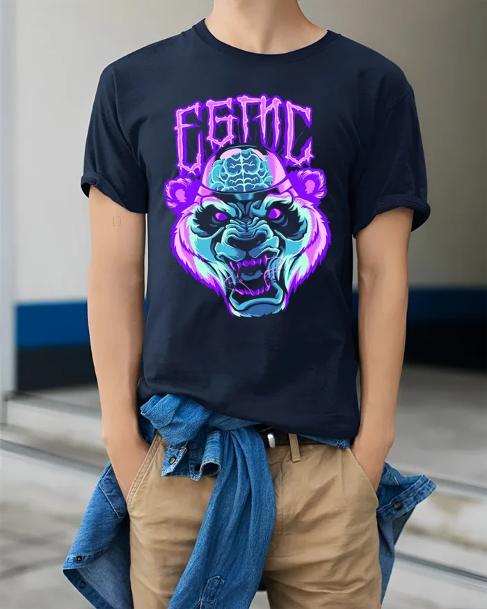 Neon Cyber Panda T-Shirt Glowing Brain Graphic Tee - model wearing navy shirt, hands in pockets
