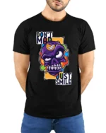 Colorful Angry Skull T-Shirt, Don’t Mad Just Smile Tee - model wearing black shirt, hands behind back
