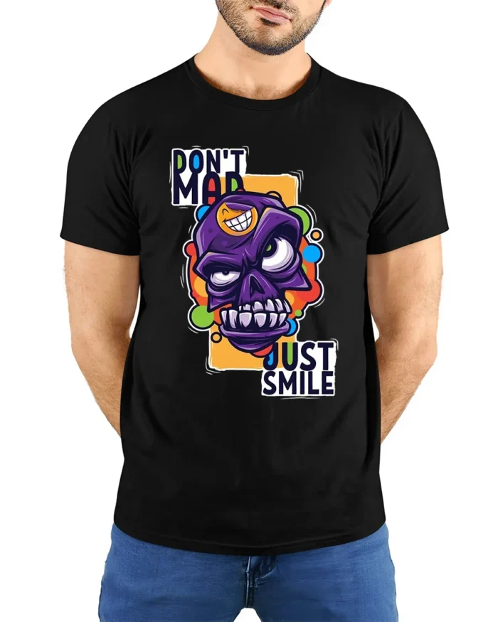 Colorful Angry Skull T-Shirt, Don’t Mad Just Smile Tee - model wearing black shirt, hands behind back