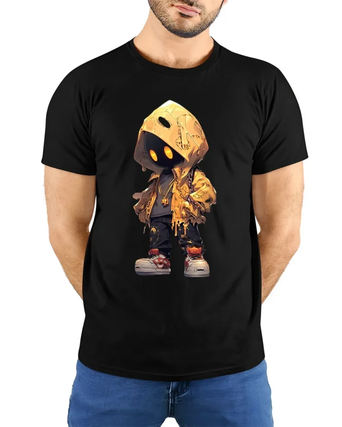 Mystery Hoodie Character Tee Street Style Black T-Shirt - model wearing black shirt, hands behind back
