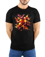 Fruit Splash Tee Colorful Berry Citrus Explosion T-Shirt - model wearing black shirt, hands behind back
