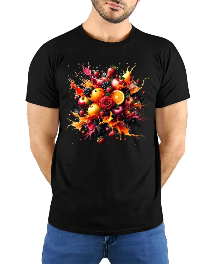 Fruit Splash Tee Colorful Berry Citrus Explosion T-Shirt - model wearing black shirt, hands behind back