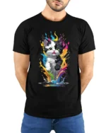 Rainbow Cat T-Shirt Vibrant Kitten Art Design Tee - model wearing black shirt, hands behind back