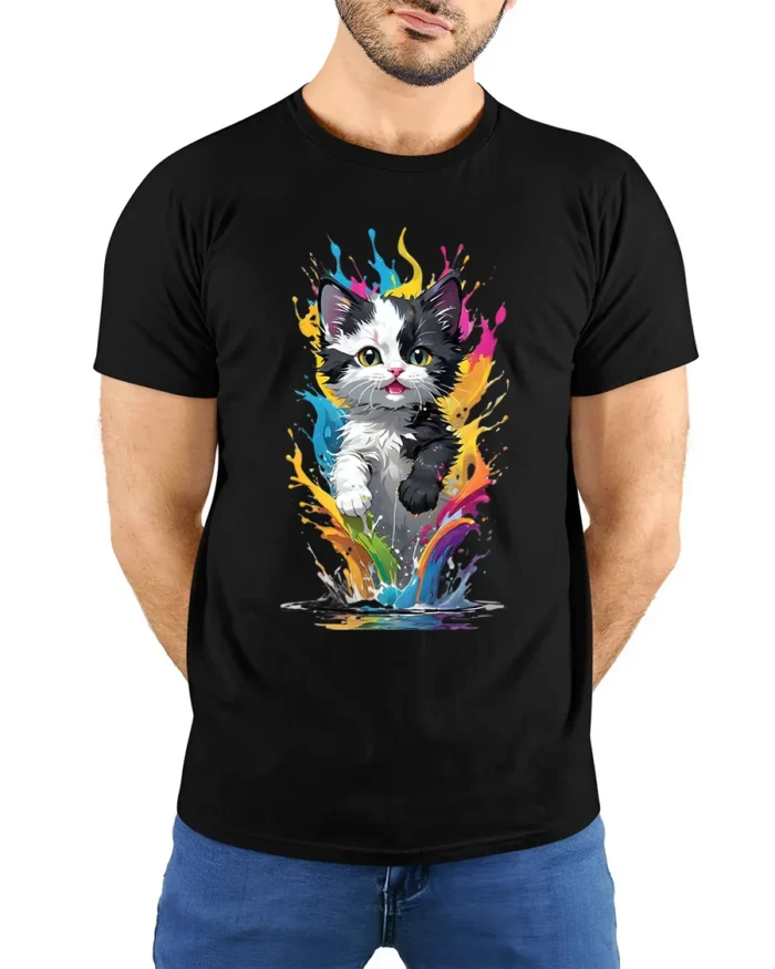 Rainbow Cat T-Shirt Vibrant Kitten Art Design Tee - model wearing black shirt, hands behind back