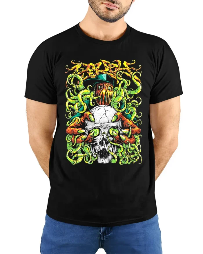 Prodigy Skull Tentacle Tee Music Band Graphic T-Shirt - model wearing black shirt, hands behind back