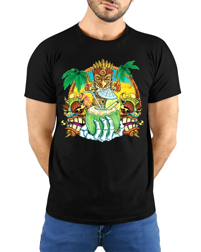 Island Vibes Coconut Tee Tropical Getaway T-Shirt - model wearing black shirt, hands behind back