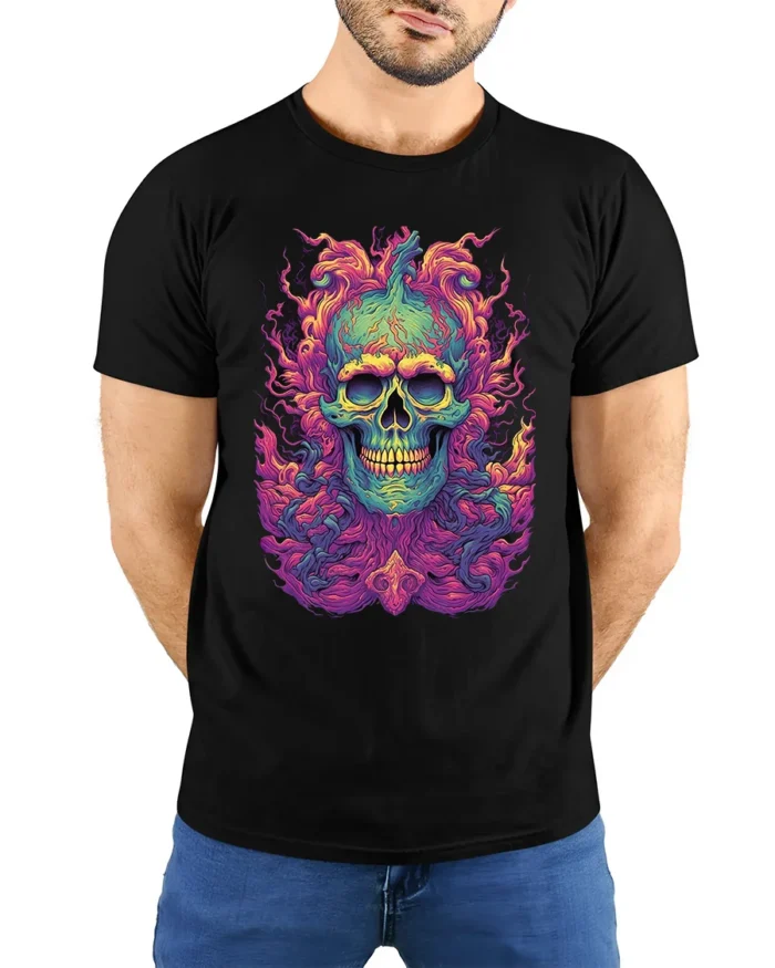 Electric Skull Tee Colorful Skull Face Graphic Tee Now - model wearing black shirt, hands behind back