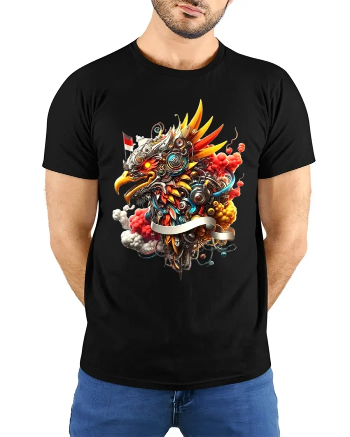 Pancasila Eagle T-Shirt Powerful Asian Bird Art Tee - model wearing black shirt, hands behind back