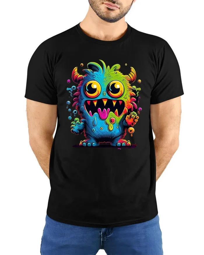 Cute Monster Face Tee Funny Colorful Alien Graphic T-Shirt - model wearing black shirt, hands behind back