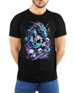 Epic Gothic Dragon T-Shirt Skulls Serpent Design Tee - model wearing black shirt, hands behind back