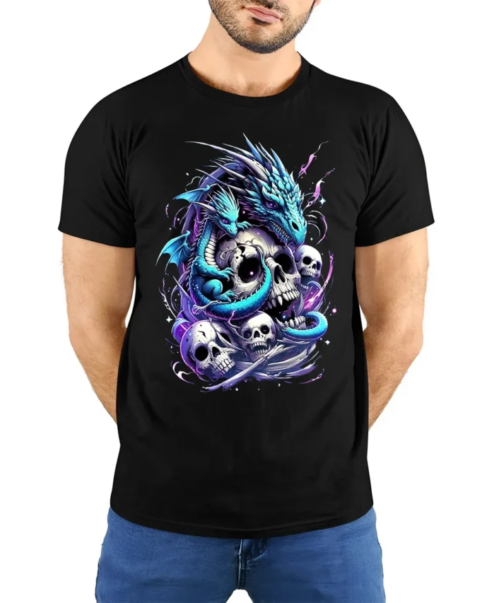 Epic Gothic Dragon T-Shirt Skulls Serpent Design Tee - model wearing black shirt, hands behind back