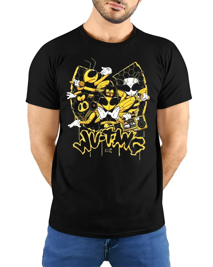 Wu-Twg Inspired T-Shirt Cool Bees and Boombox Graphic Tee - model wearing black shirt, hands behind back