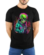 Psychedelic Skull in Jacket Tee Bold Urban Style T-Shirt - model wearing black shirt, hands behind back