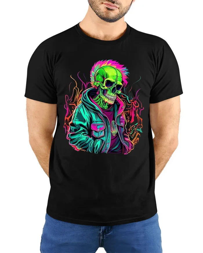 Psychedelic Skull in Jacket Tee  Bold Urban Style T-Shirt - model wearing black shirt, hands behind back