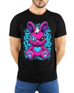 Edgy Pink Rabbit Tee with Heart and Graffiti Style Print - model wearing black shirt, hands behind back