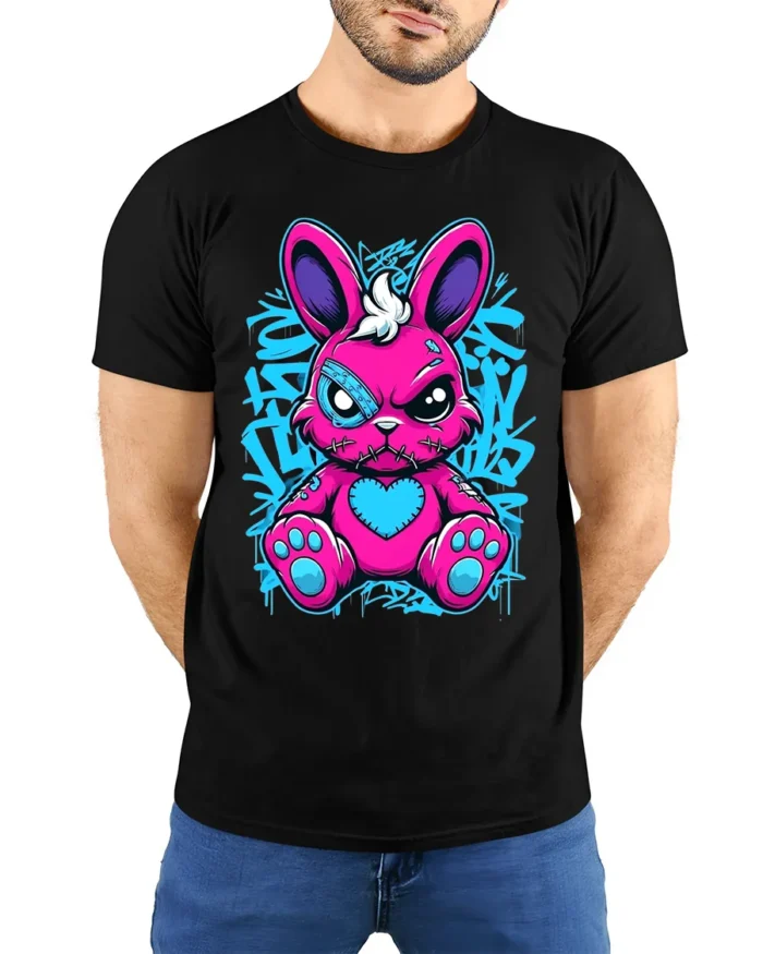 Edgy Pink Rabbit Tee with Heart and Graffiti Style Print - model wearing black shirt, hands behind back