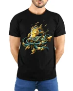 Bold Samurai Mask Tee with Fire and Katana Artwork Print - model wearing black shirt, hands behind back