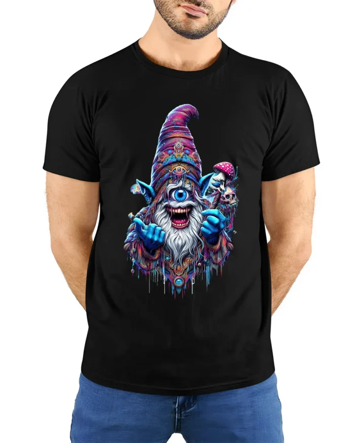 Trippy Wizard Graphic T-Shirt One Eyed Mage Streetwear - model wearing black shirt, hands behind back