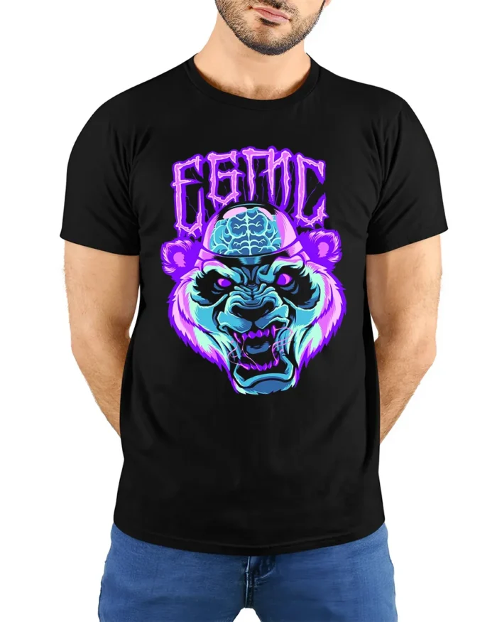 Neon Cyber Panda T-Shirt Glowing Brain Graphic Tee - model wearing black shirt, hands behind back