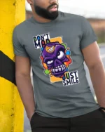 Colorful Angry Skull T-Shirt, Don’t Mad Just Smile Tee - model in grey shirt leaning against column
