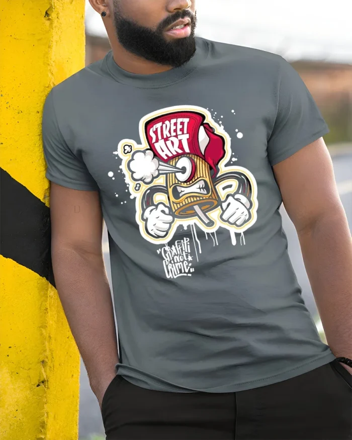 Street Art Spray Tee Graffiti Artist Graphic T-Shirt - model in grey shirt leaning against column