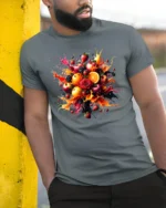 Fruit Splash Tee Colorful Berry Citrus Explosion T-Shirt - model in grey shirt leaning against column