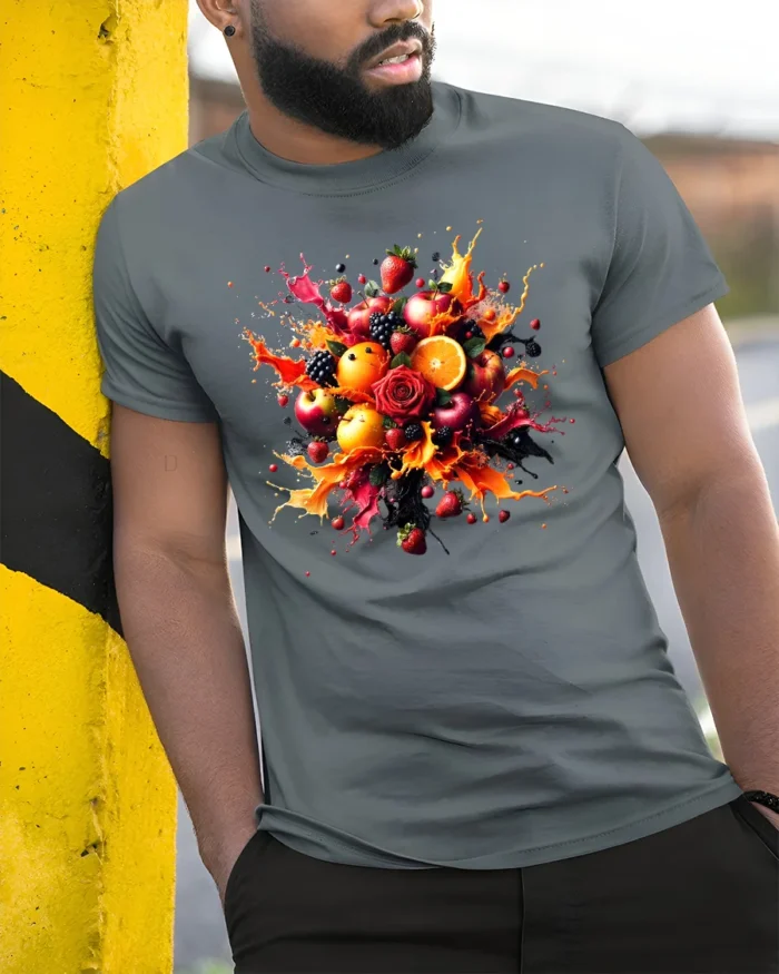 Fruit Splash Tee Colorful Berry Citrus Explosion T-Shirt - model in grey shirt leaning against column