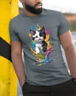 Rainbow Cat T-Shirt Vibrant Kitten Art Design Tee - model in grey shirt leaning against column