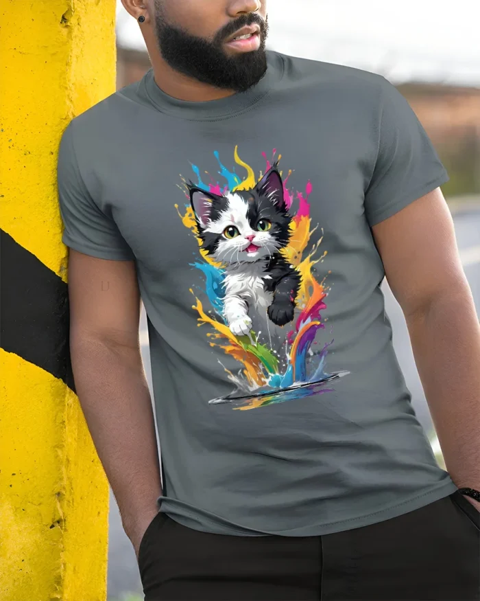 Rainbow Cat T-Shirt Vibrant Kitten Art Design Tee - model in grey shirt leaning against column