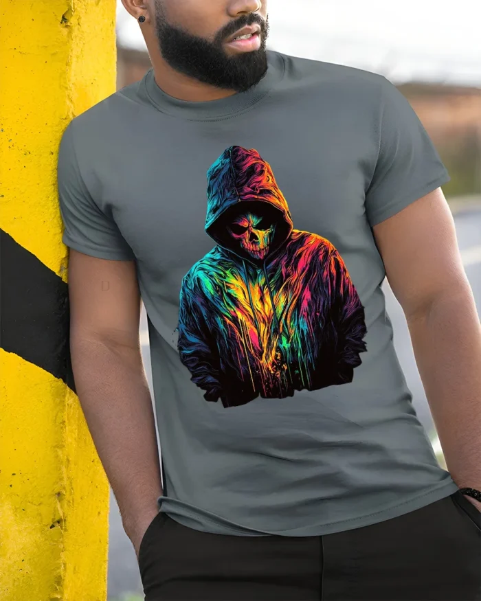 Neon Skull Hoodie T-Shirt Colorful Grim Reaper Tee - model in grey shirt leaning against column