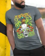 Prodigy Skull Tentacle Tee Music Band Graphic T-Shirt - model in grey shirt leaning against column