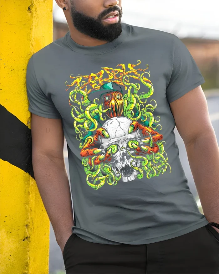 Prodigy Skull Tentacle Tee Music Band Graphic T-Shirt - model in grey shirt leaning against column