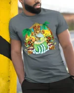 Island Vibes Coconut Tee Tropical Getaway T-Shirt - model in grey shirt leaning against column