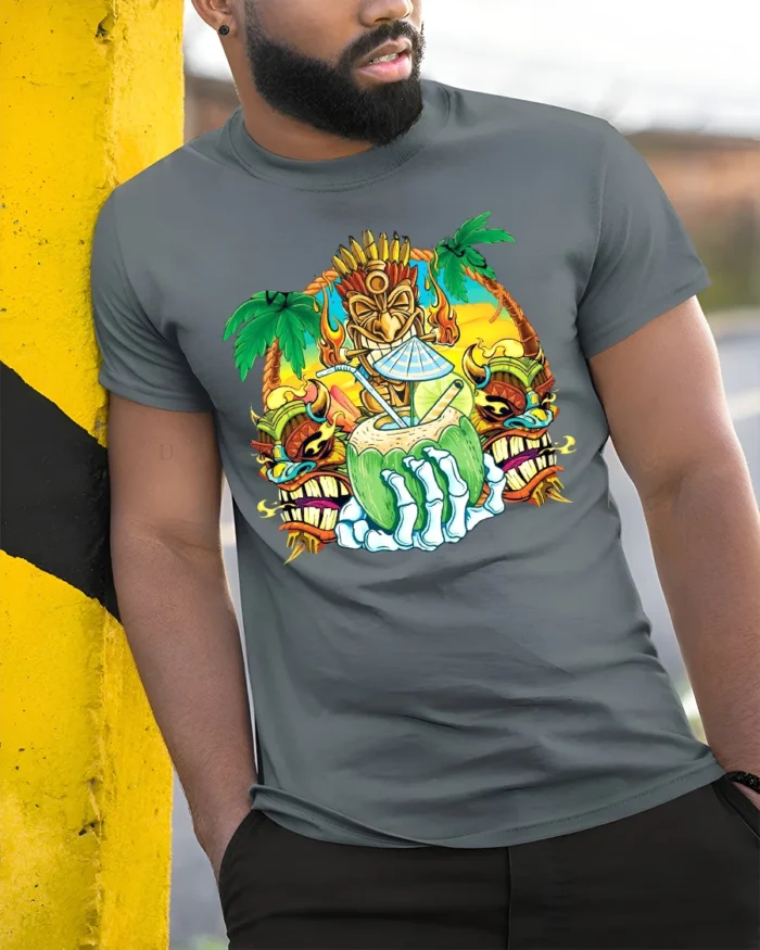 Island Vibes Coconut Tee Tropical Getaway T-Shirt - model in grey shirt leaning against column