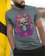 Electric Skull Tee Colorful Skull Face Graphic Tee Now - model in grey shirt leaning against column