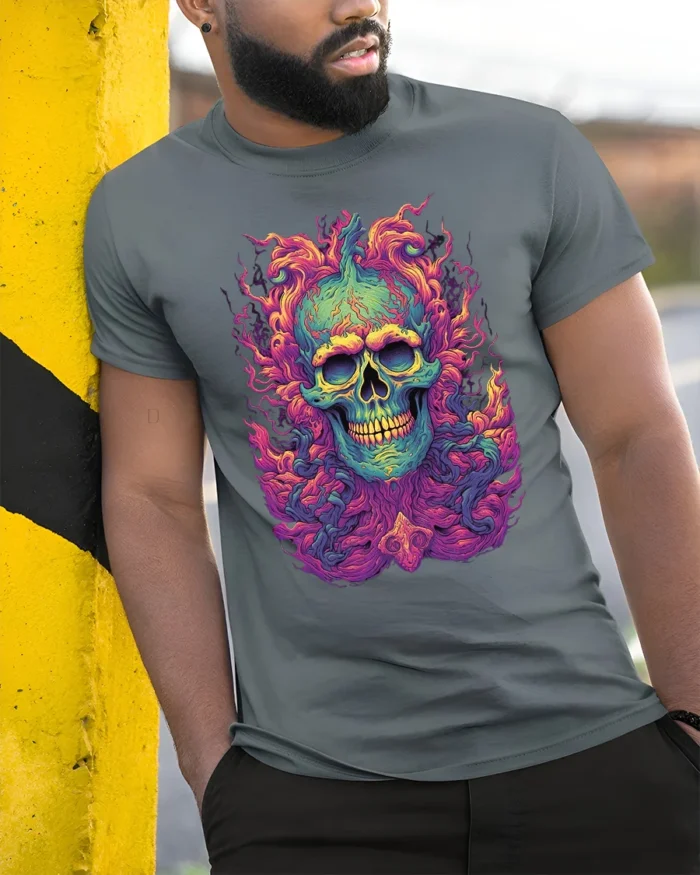 Electric Skull Tee Colorful Skull Face Graphic Tee Now - model in grey shirt leaning against column