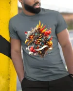 Pancasila Eagle T-Shirt Powerful Asian Bird Art Tee - model in grey shirt leaning against column