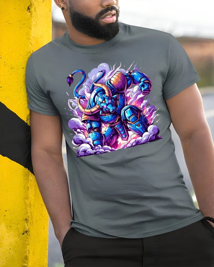 Epic Robotic Minotaur Tee Vibrant Sci-Fi Cotton Shirt - model in grey shirt leaning against column