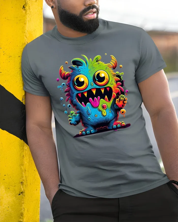 Cute Monster Face Tee Funny Colorful Alien Graphic T-Shirt - model in grey shirt leaning against column