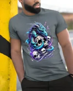 Epic Gothic Dragon T-Shirt Skulls Serpent Design Tee - model in grey shirt leaning against column